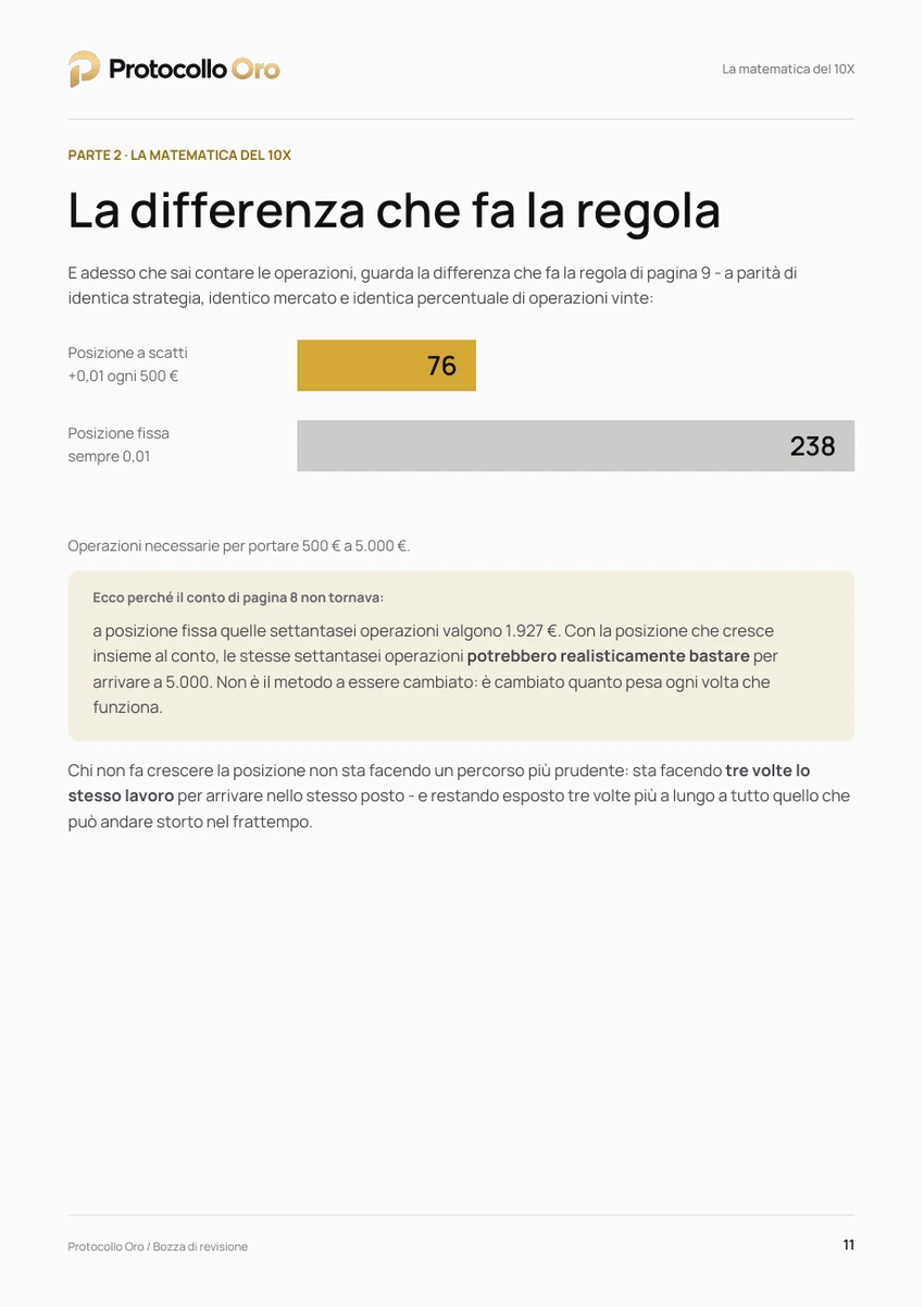 Pagina 11 della guida La matematica del 10X, con il confronto tra posizione a scatti e posizione fissa.