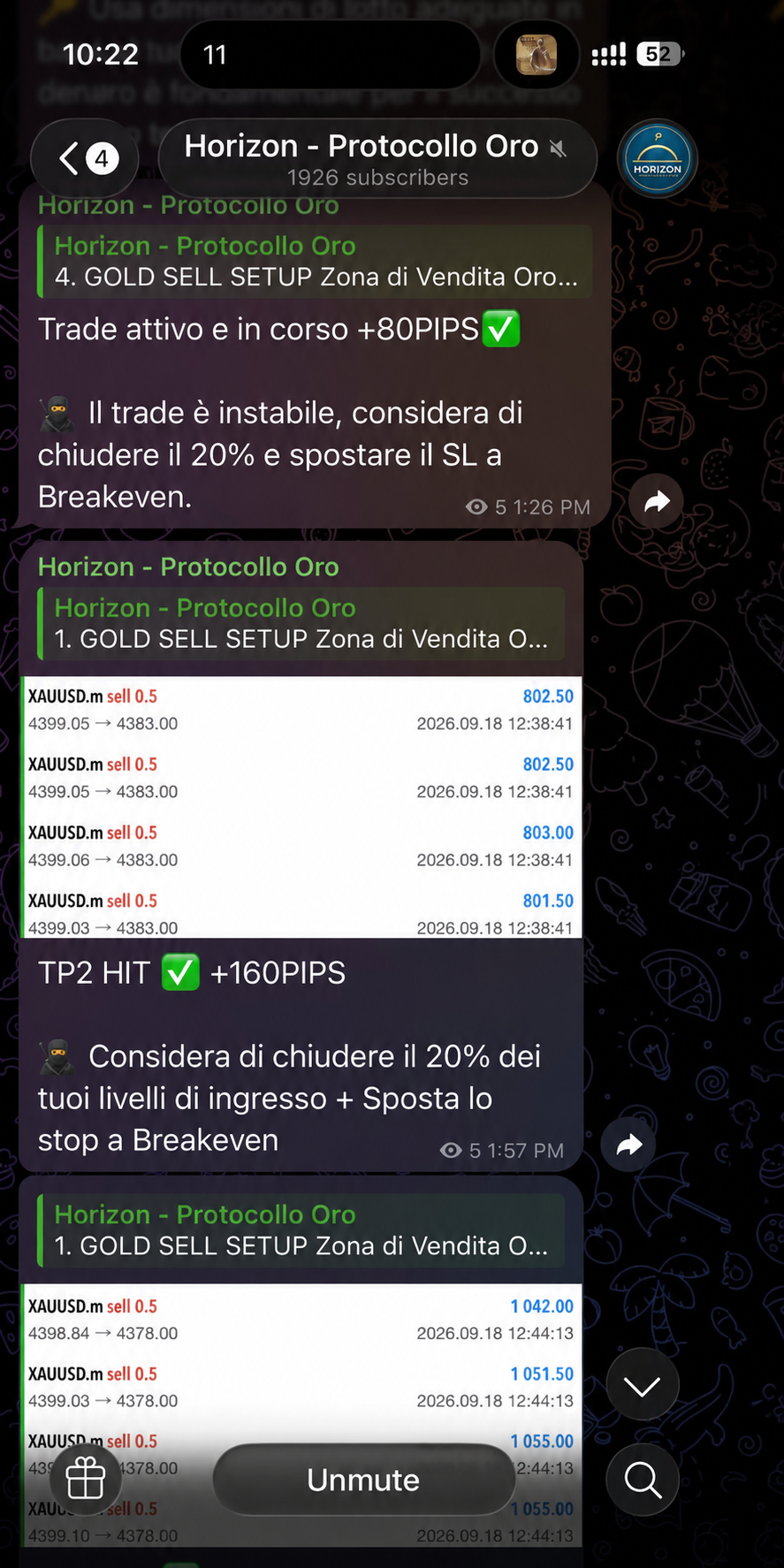 Horizon: aggiornamenti di gestione, un trade in corso e un TP2 riportato.
